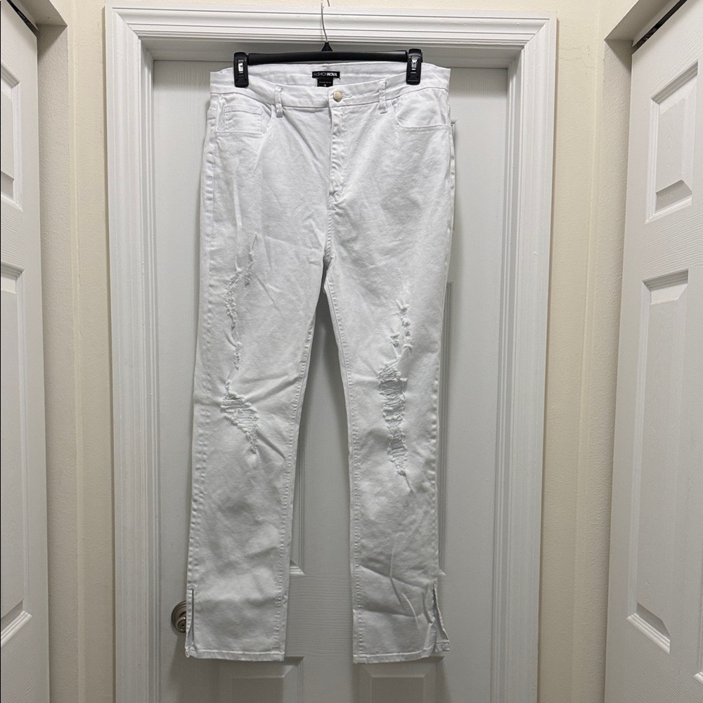 Fashion Nova Women's White Distressed Flare Jeans